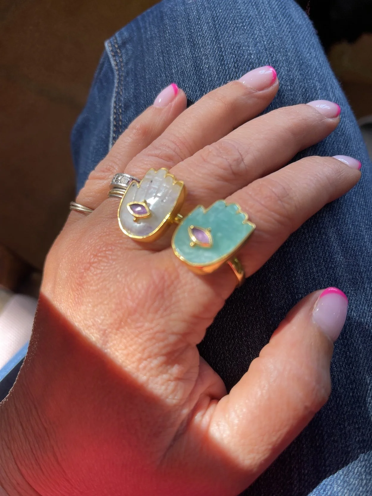 18kt gold plated hamsa hand rings in labradorite lapis lazuli